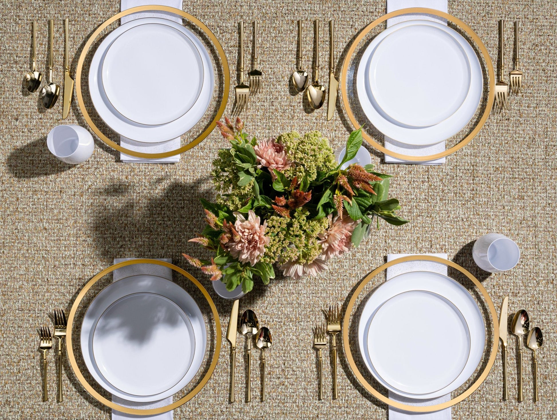 White and Gold Round Plastic Plates - Edge Plate Pro Linens