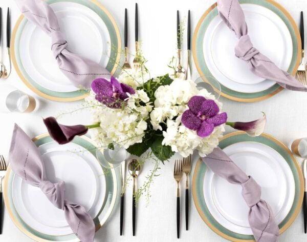 White and Gold Round Plastic Plates - Edge Plate Pro Linens