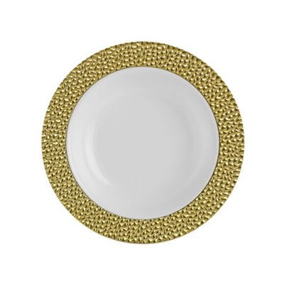 White and Gold Round Plastic Plates - Hammered Plate Pro Linens