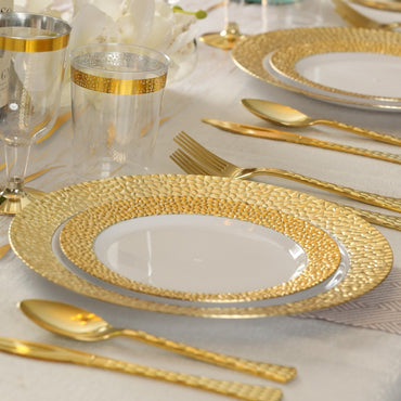 White and Gold Round Plastic Plates - Hammered Plate Pro Linens