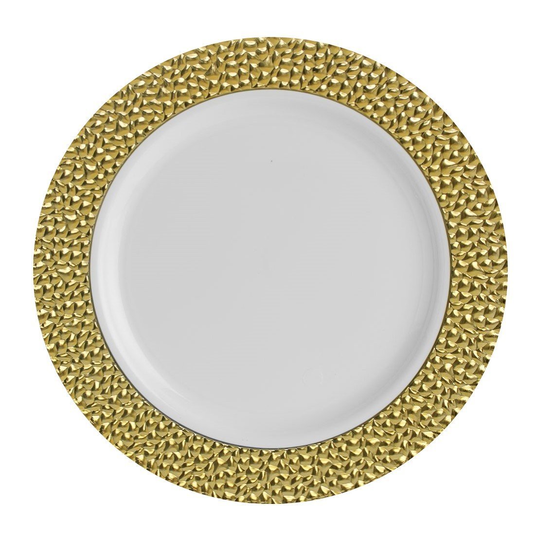 White and Gold Round Plastic Plates - Hammered Plate Pro Linens