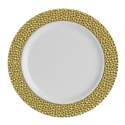 White and Gold Round Plastic Plates - Hammered Plate Pro Linens