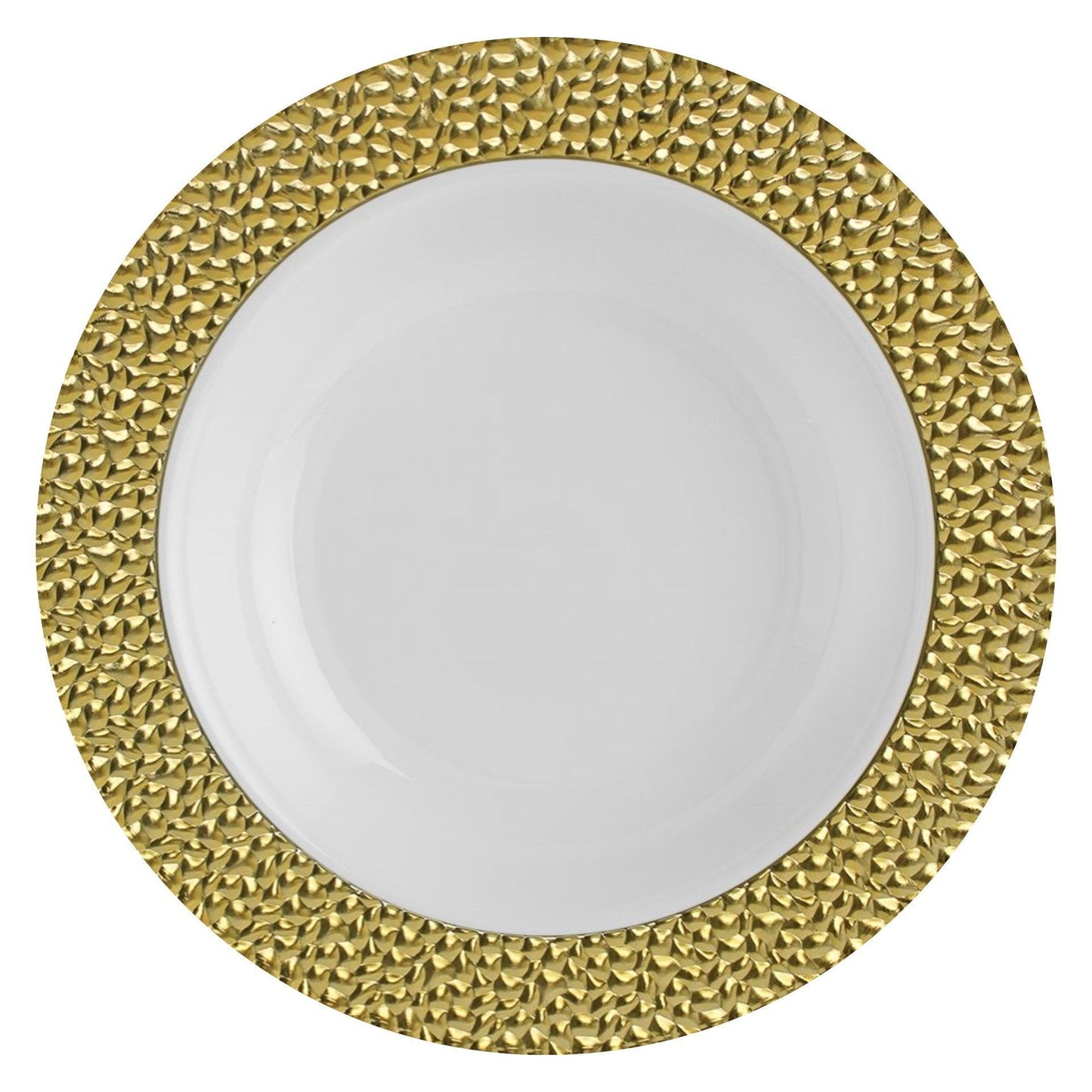 White and Gold Round Plastic Plates - Hammered Plate Pro Linens