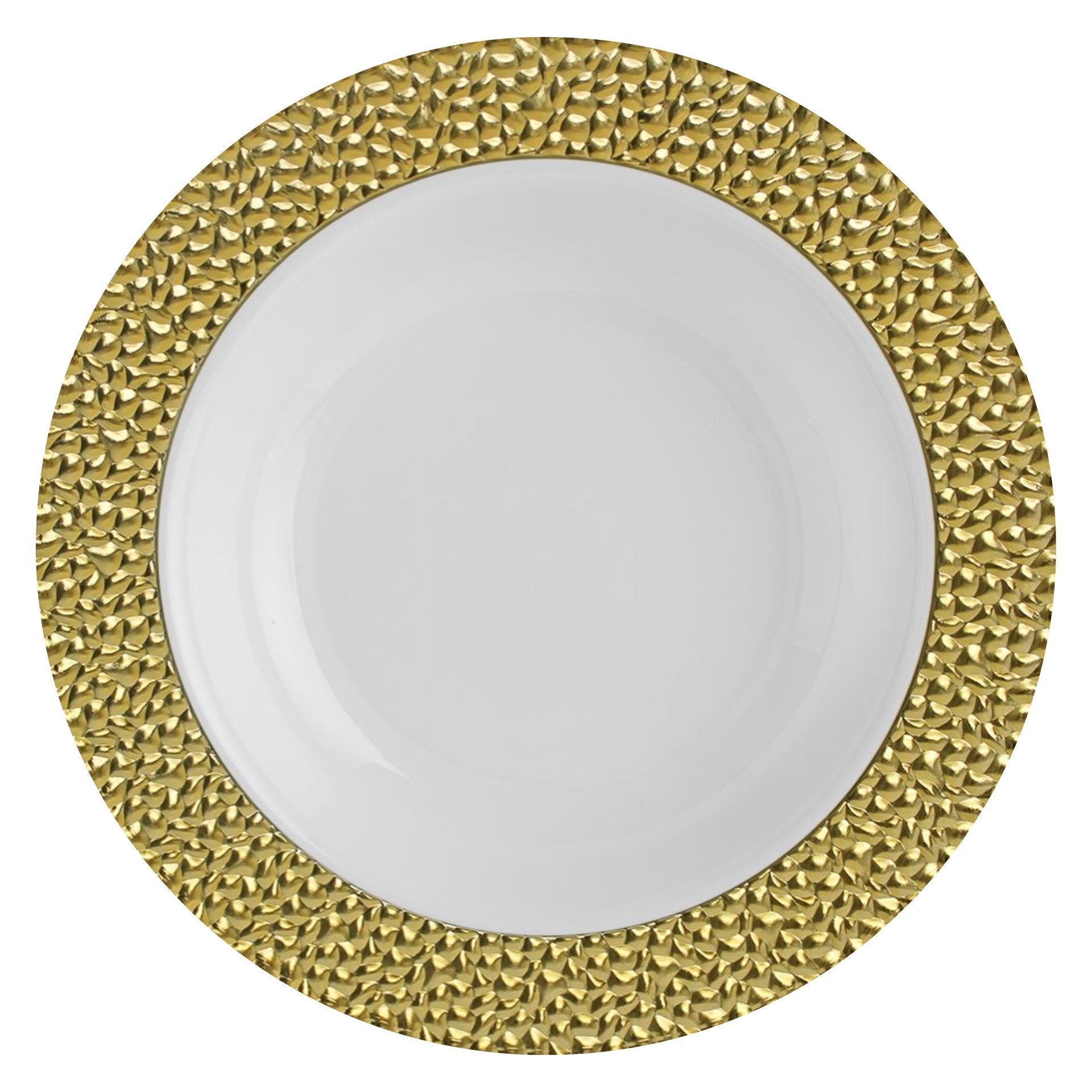 White and Gold Round Plastic Plates - Hammered Plate Pro Linens