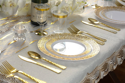 White and Gold Round Plastic Plates - Lace Plate Pro Linens