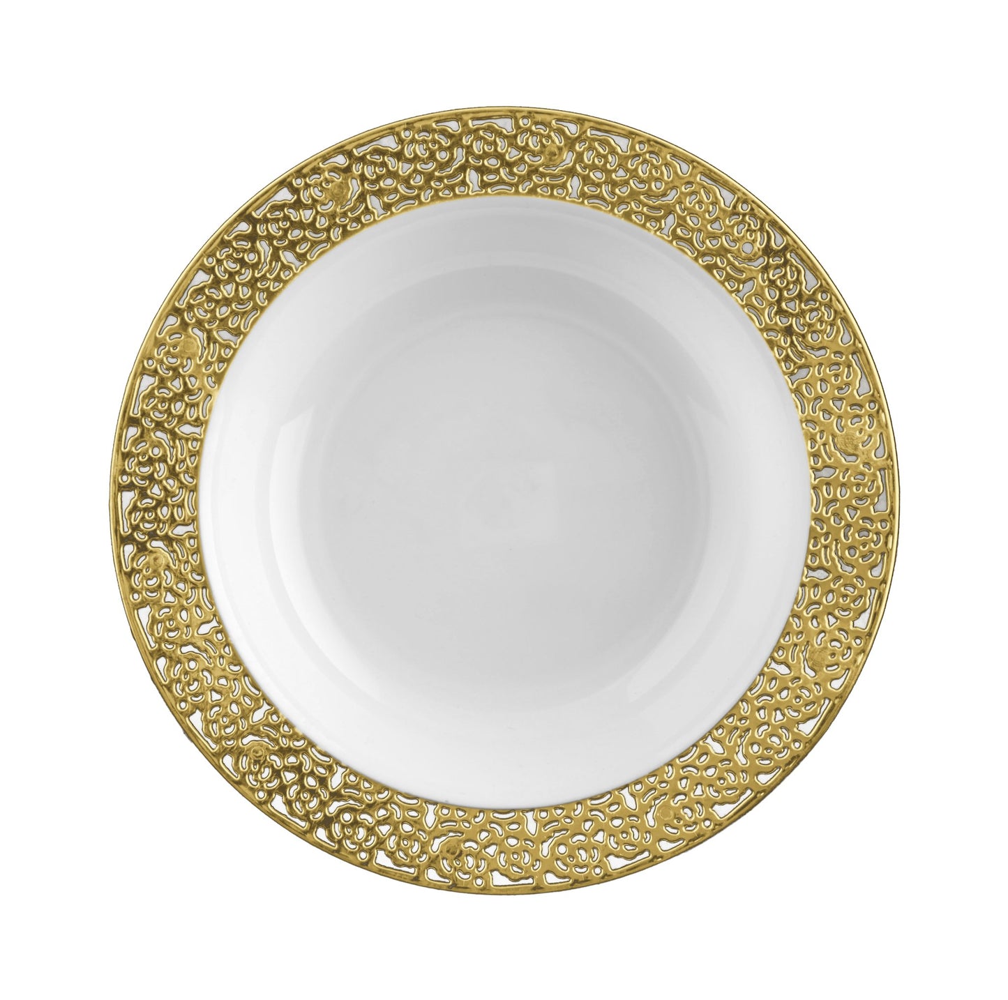 White and Gold Round Plastic Plates - Lace Plate Pro Linens