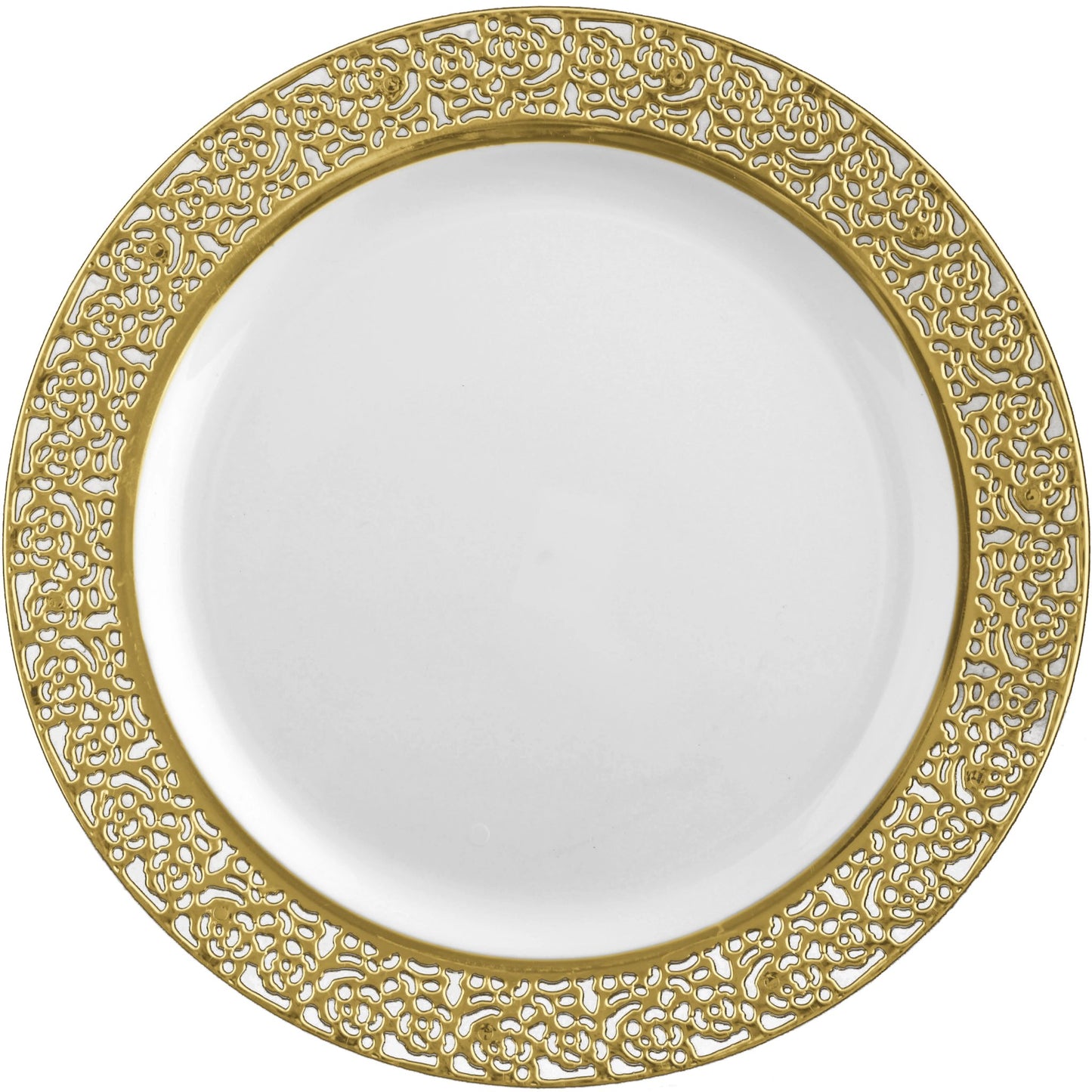 White and Gold Round Plastic Plates - Lace Plate Pro Linens