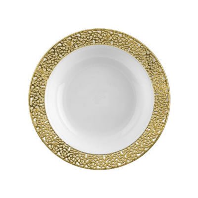 White and Gold Round Plastic Plates - Lace Plate Pro Linens