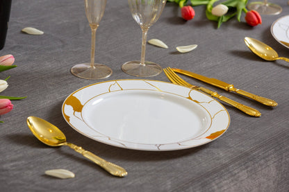 White and Gold Round Plastic Plates - Marble Plate Pro Linens