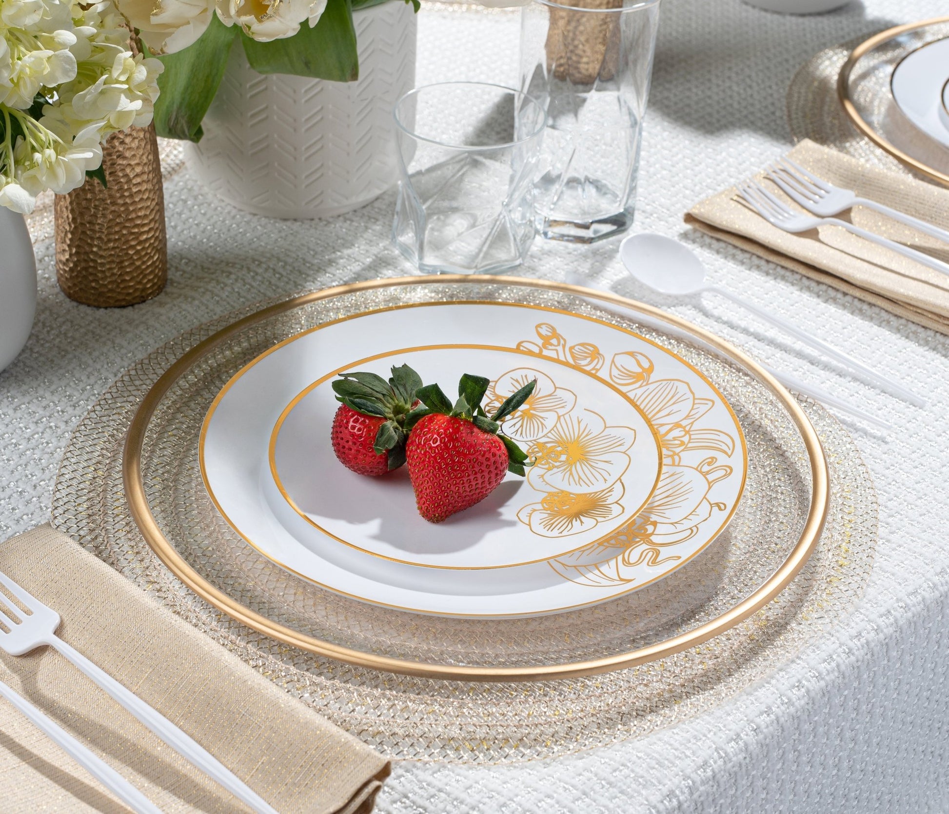 White and Gold Round Plastic Plates - Orchid Plate Pro Linens