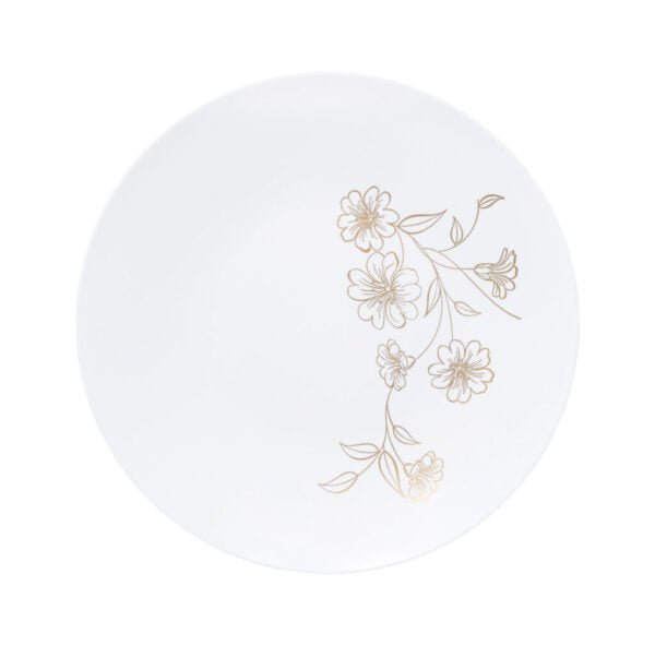 White and Gold Round Plastic Plates - Primrose Plate Pro Linens