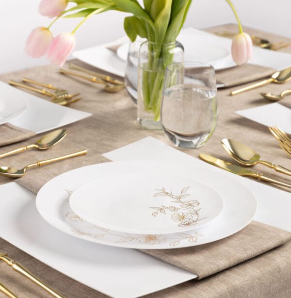 White and Gold Round Plastic Plates - Primrose Plate Pro Linens