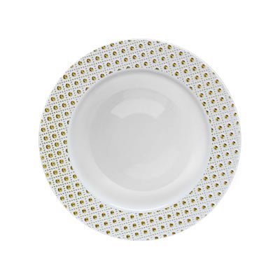 White and Gold Round Plastic Plates - Sphere Plate Pro Linens