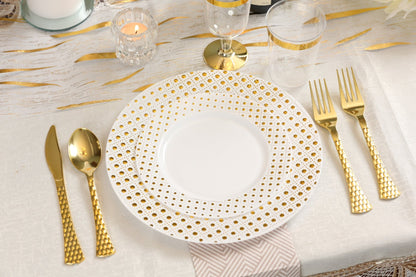 White and Gold Round Plastic Plates - Sphere Plate Pro Linens