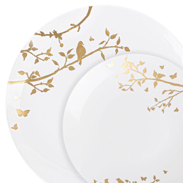 White and Gold Round Plastic Plates - Spring Plate Pro Linens