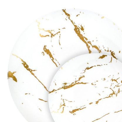 White and Gold Round Plastic Plates - Stroke Plate Pro Linens