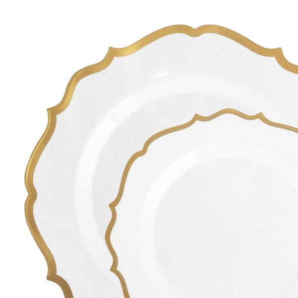 White and Gold Round Scalloped Plastic Plates 10 Pack - Contemporary Plate Pro Linens