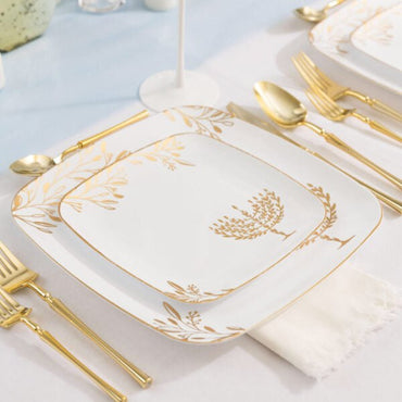 White and Gold Square Plastic Plates 10 Pack - Chanukah Plate Pro Linens