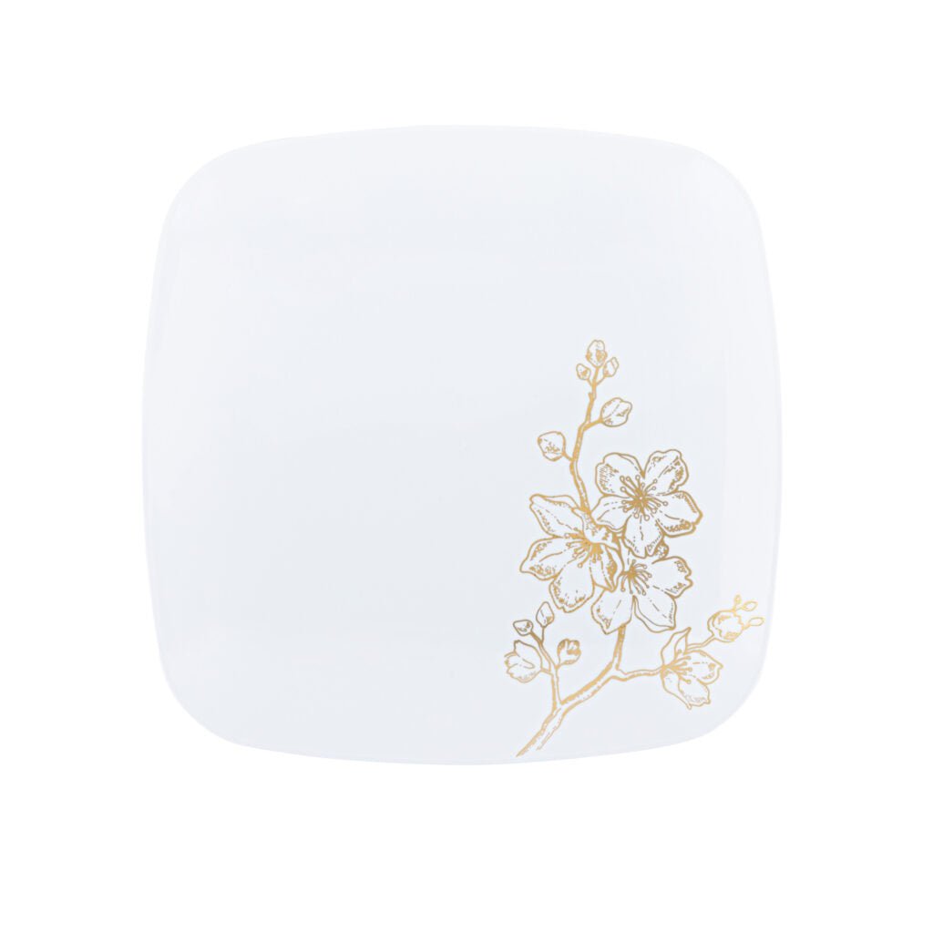 White and Gold Square Plastic Plates 10 Pack - Gold Buds Plate Pro Linens