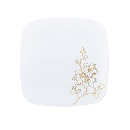 White and Gold Square Plastic Plates 10 Pack - Gold Buds Plate Pro Linens