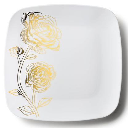 White and Gold Square Plastic Plates - Peony Plate Pro Linens