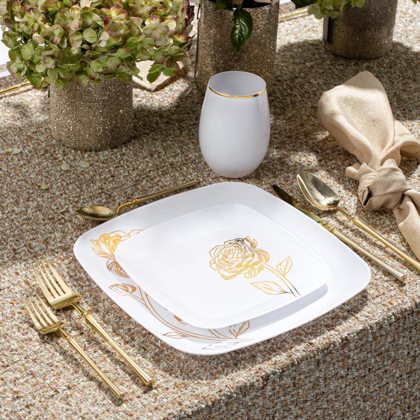 White and Gold Square Plastic Plates - Peony Plate Pro Linens