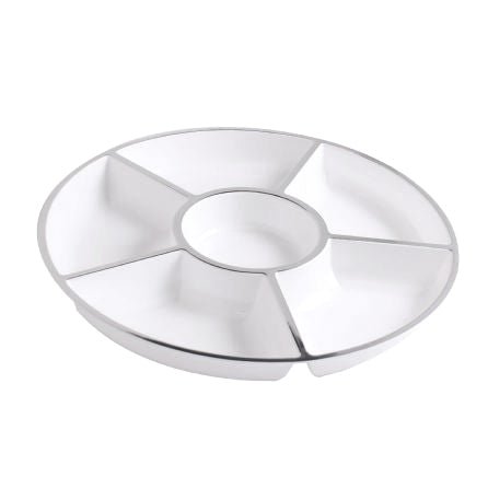 White and Silver Plastic Round 6 Compartment Serving Tray - 2 Count - Pro Linens