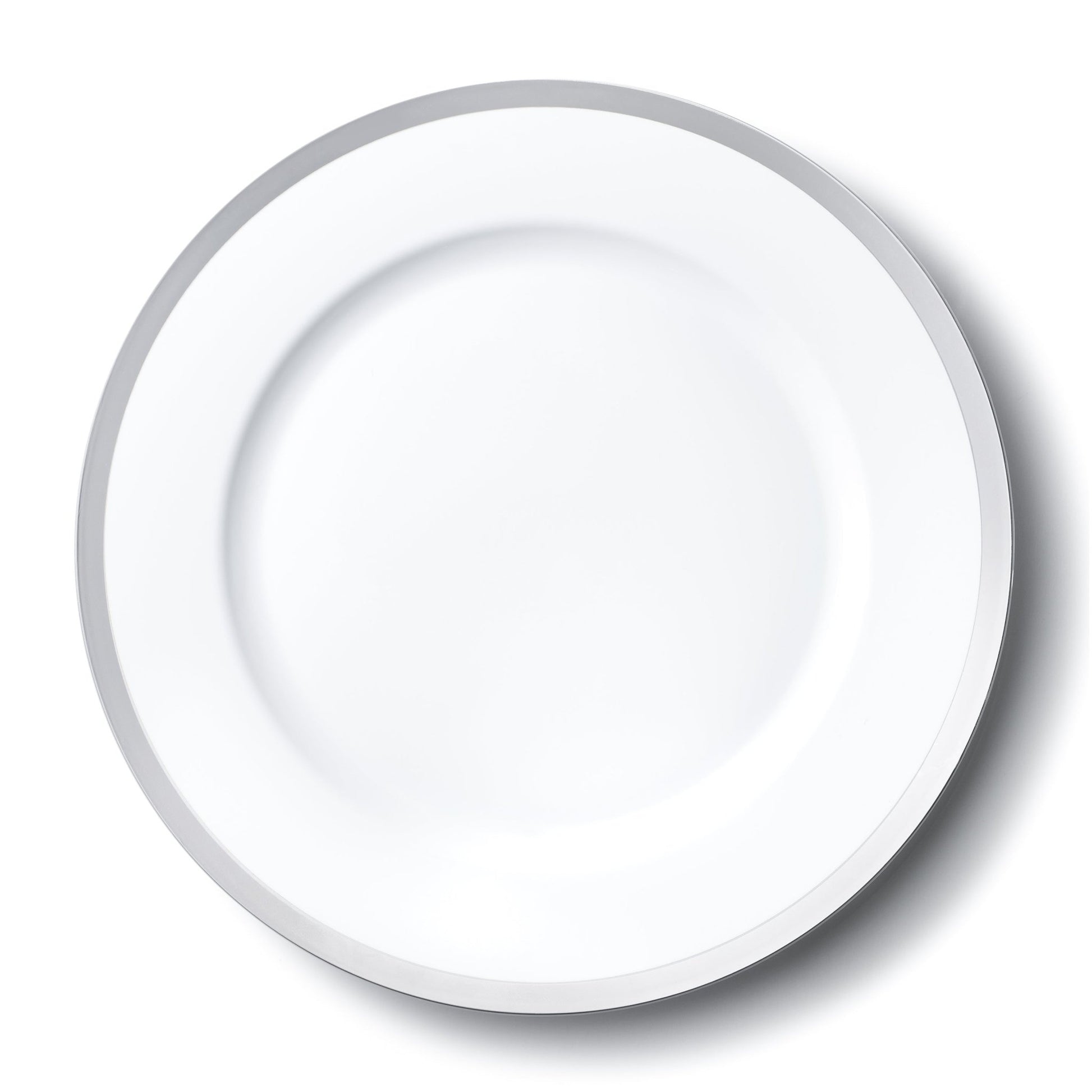 White and Silver Rim 13″ Round Plastic Charger Plate - 4 Pack - Pro Linens