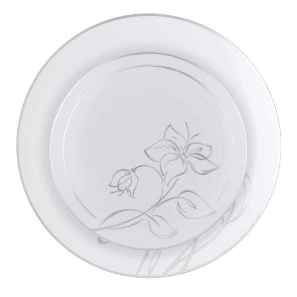 White and Silver Round Plastic Plate - Antique Floral Plate Pro Linens