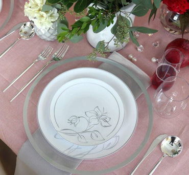 White and Silver Round Plastic Plate - Antique Floral - Pro Linens