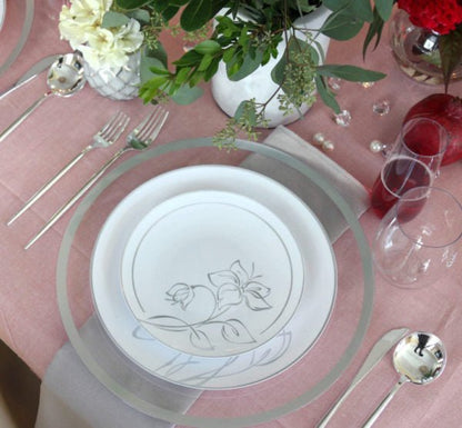 White and Silver Round Plastic Plate - Antique Floral Plate Pro Linens