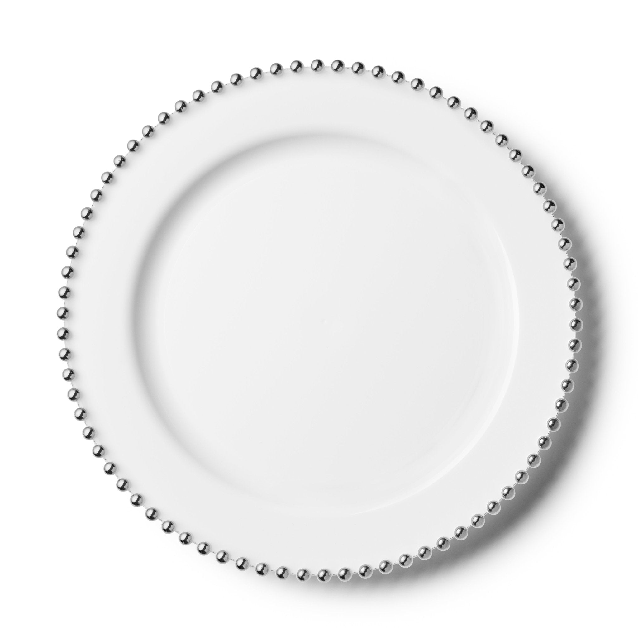 White and Silver Round Plastic Plates 10 Count - Beaded - Pro Linens