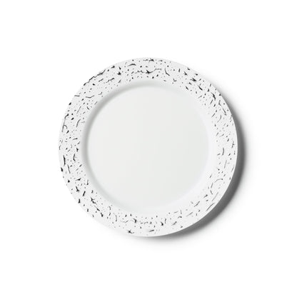 White and Silver Round Plastic Plates 10 Count - Pebbled Plate Pro Linens