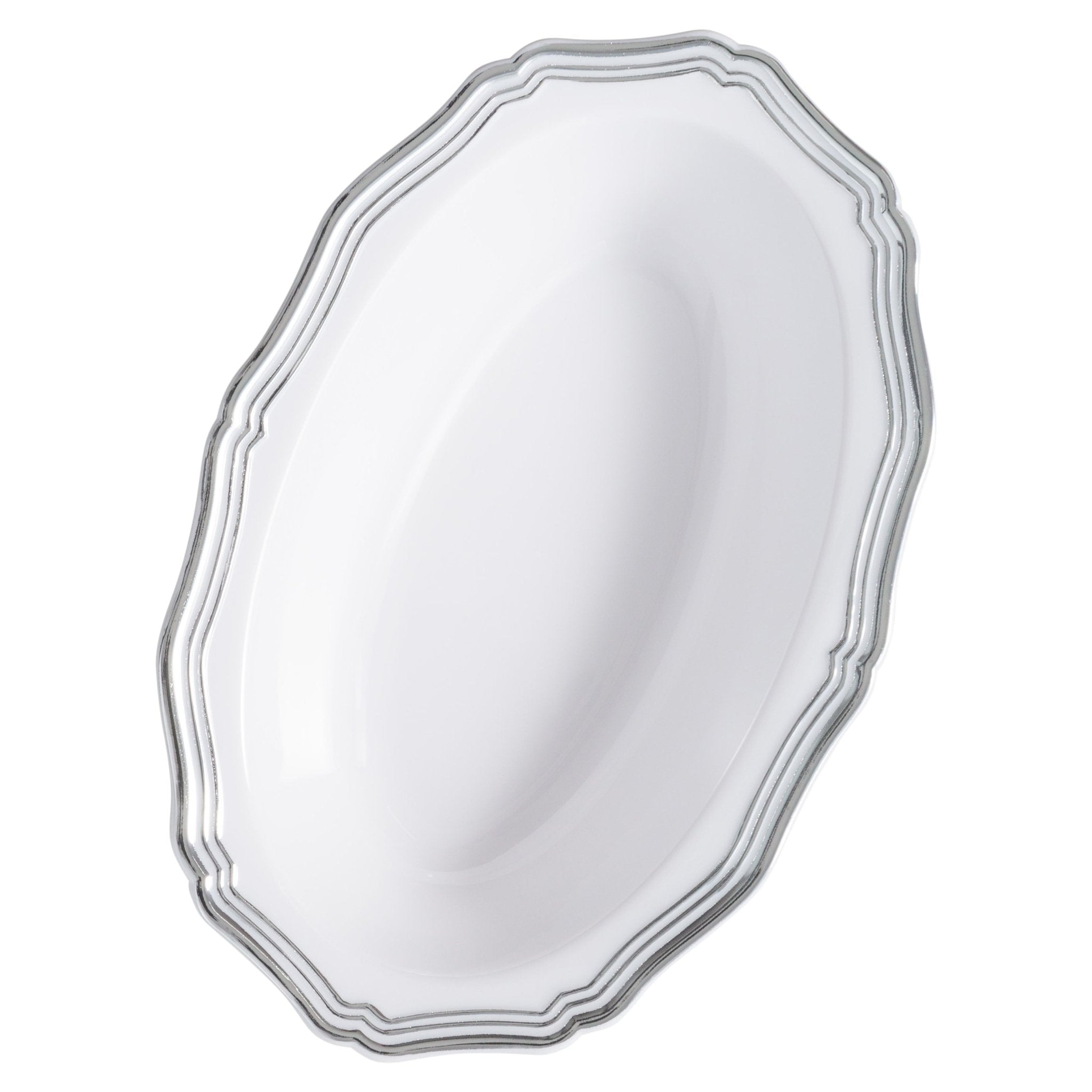 White and Silver Round Plastic Plates 10 Pack - Aristocrat - Pro Linens