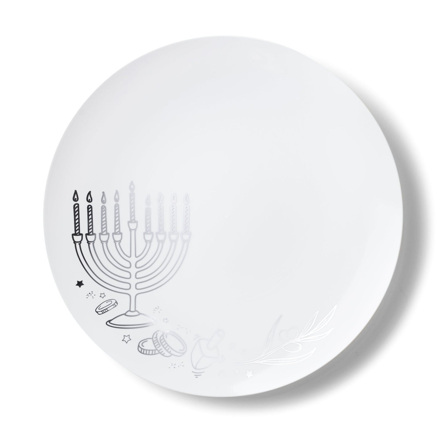 White and Silver Round Plastic Plates 10 Pack - Chanukah Plate Pro Linens