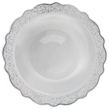 White and Silver Round Plastic Plates - Confetti - Pro Linens