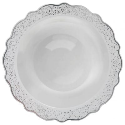 White and Silver Round Plastic Plates - Confetti Plate Pro Linens