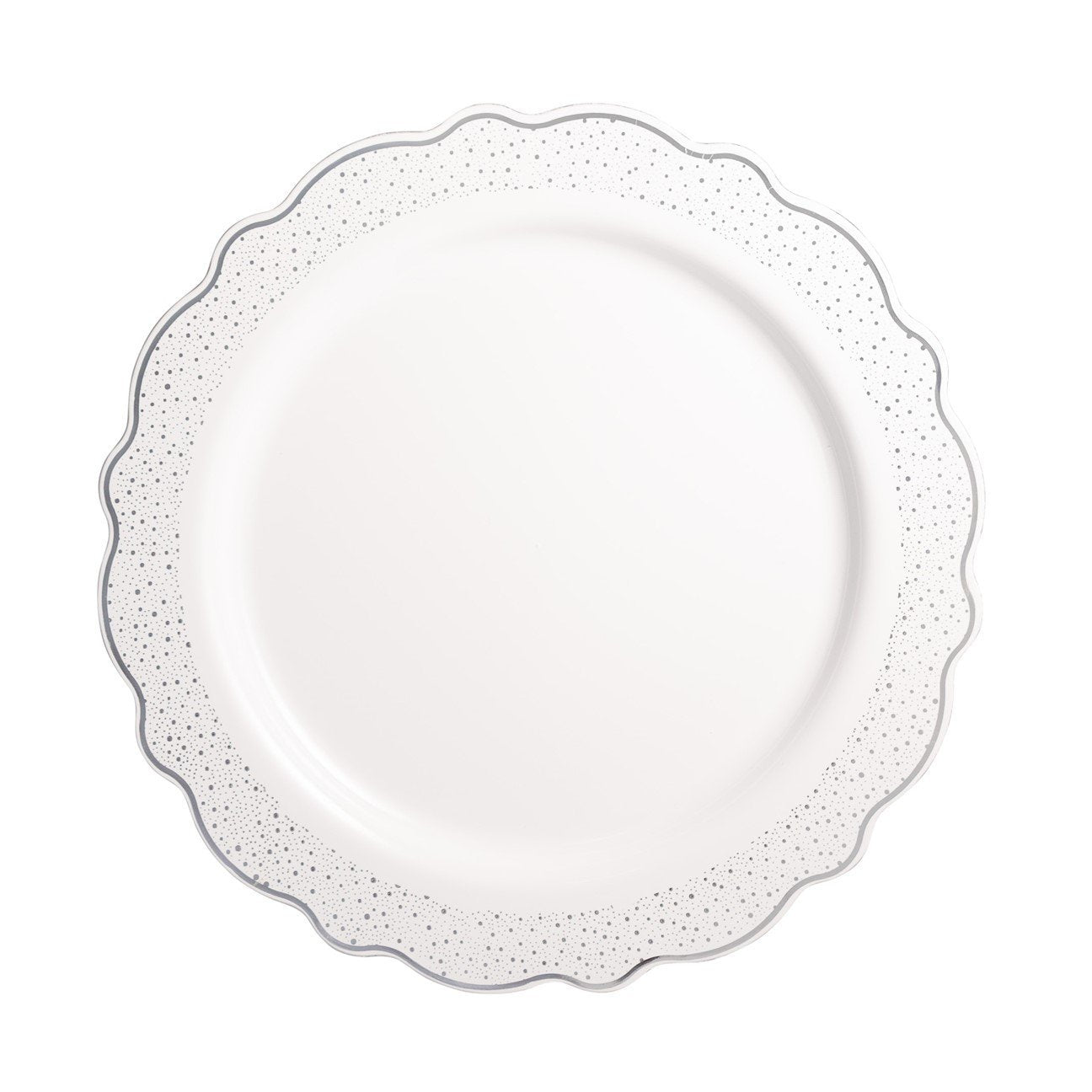 White and Silver Round Plastic Plates - Confetti - Pro Linens