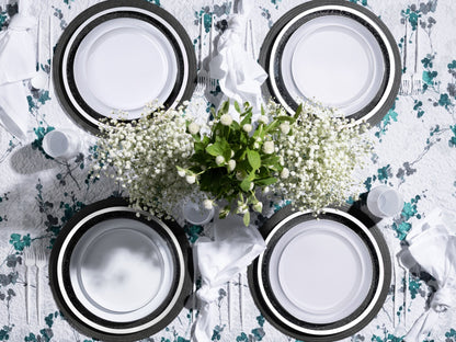 White and Silver Round Plastic Plates - Edge Plate Pro Linens