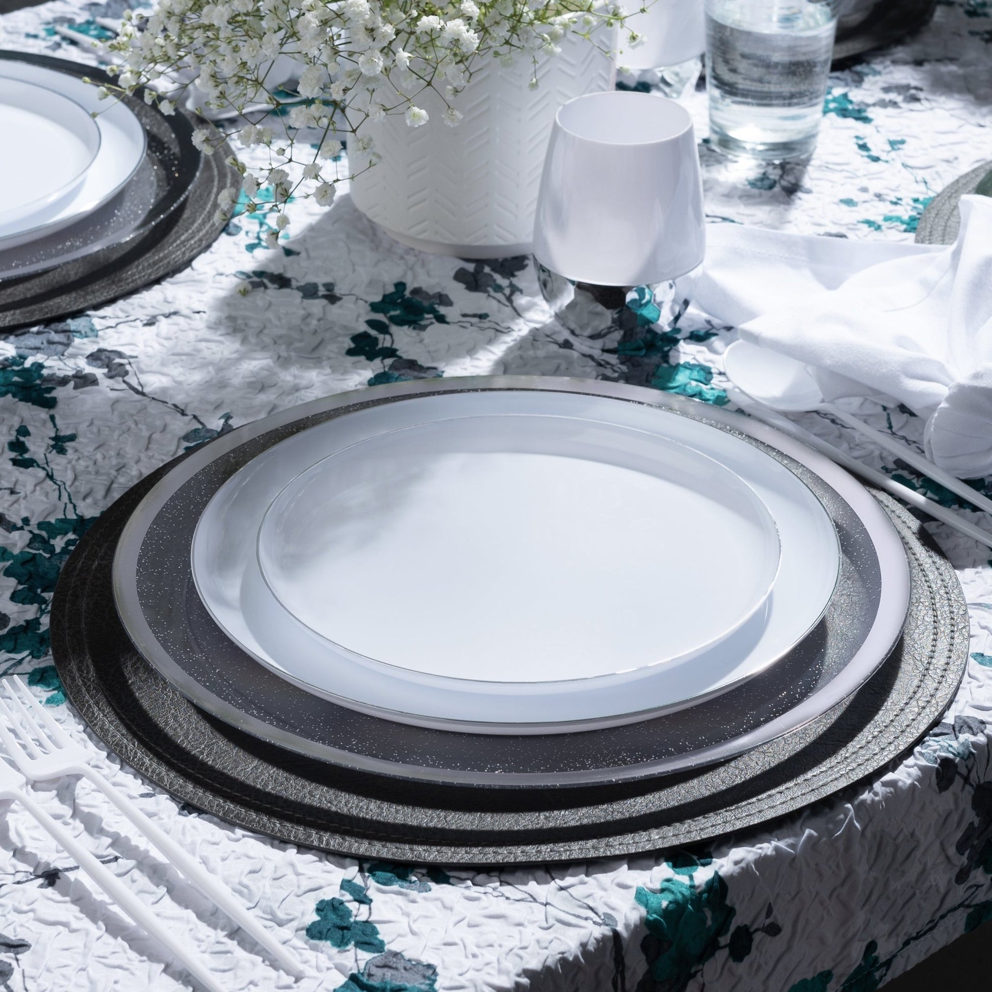 White and Silver Round Plastic Plates - Edge Plate Pro Linens