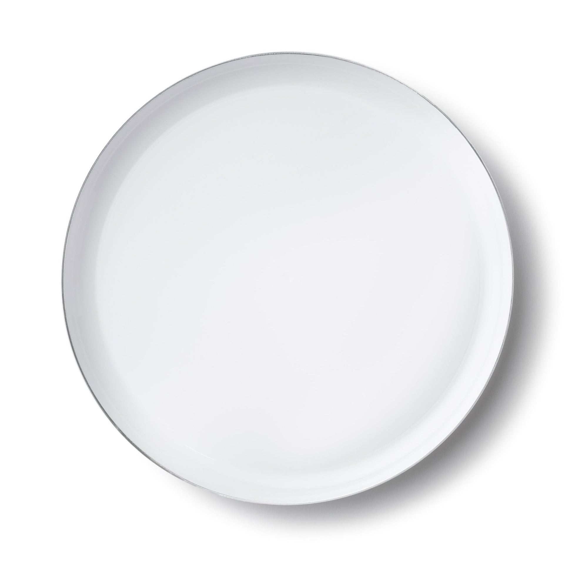 White and Silver Round Plastic Plates - Edge Plate Pro Linens