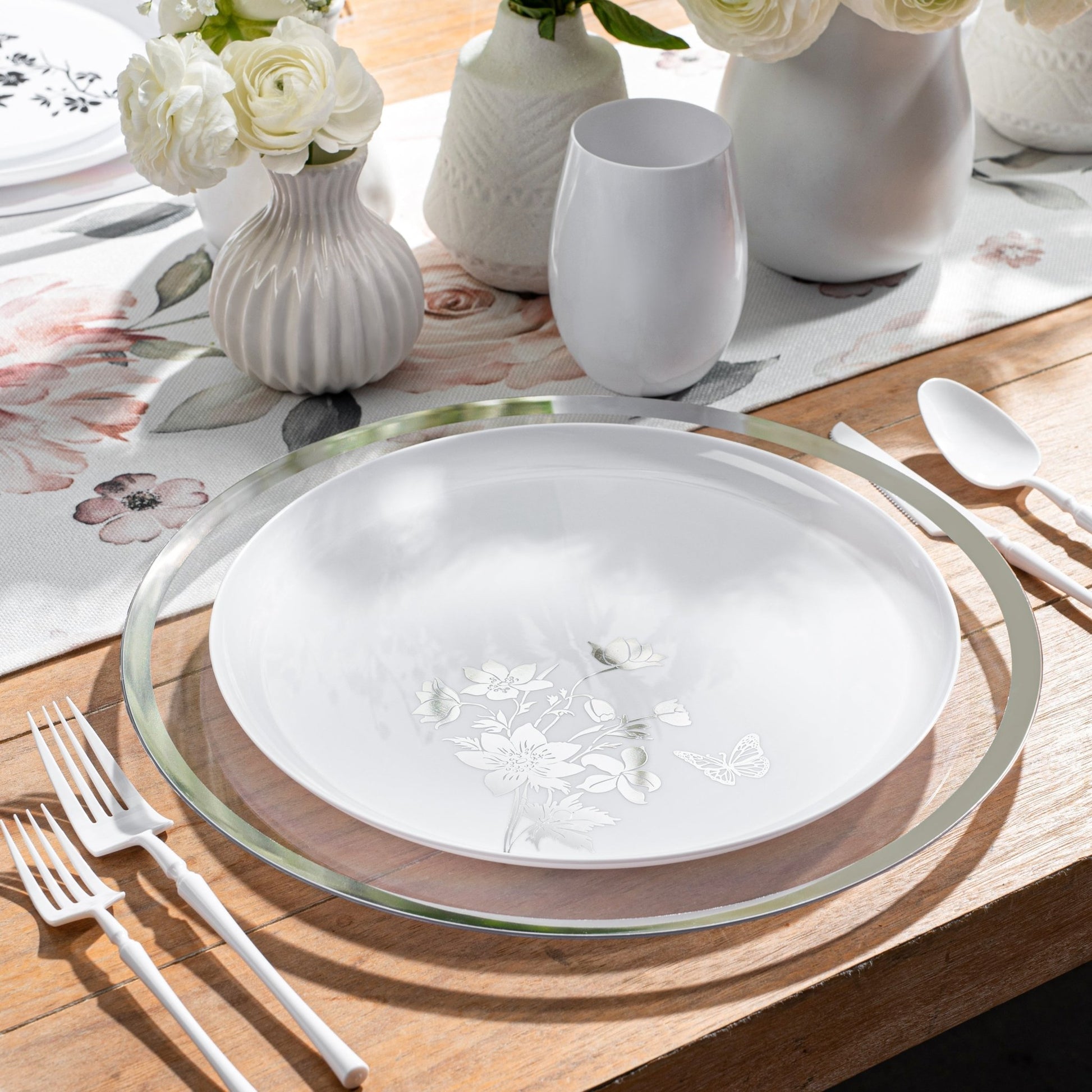 White and Silver Round Plastic Plates - Garden Edge Plate Pro Linens