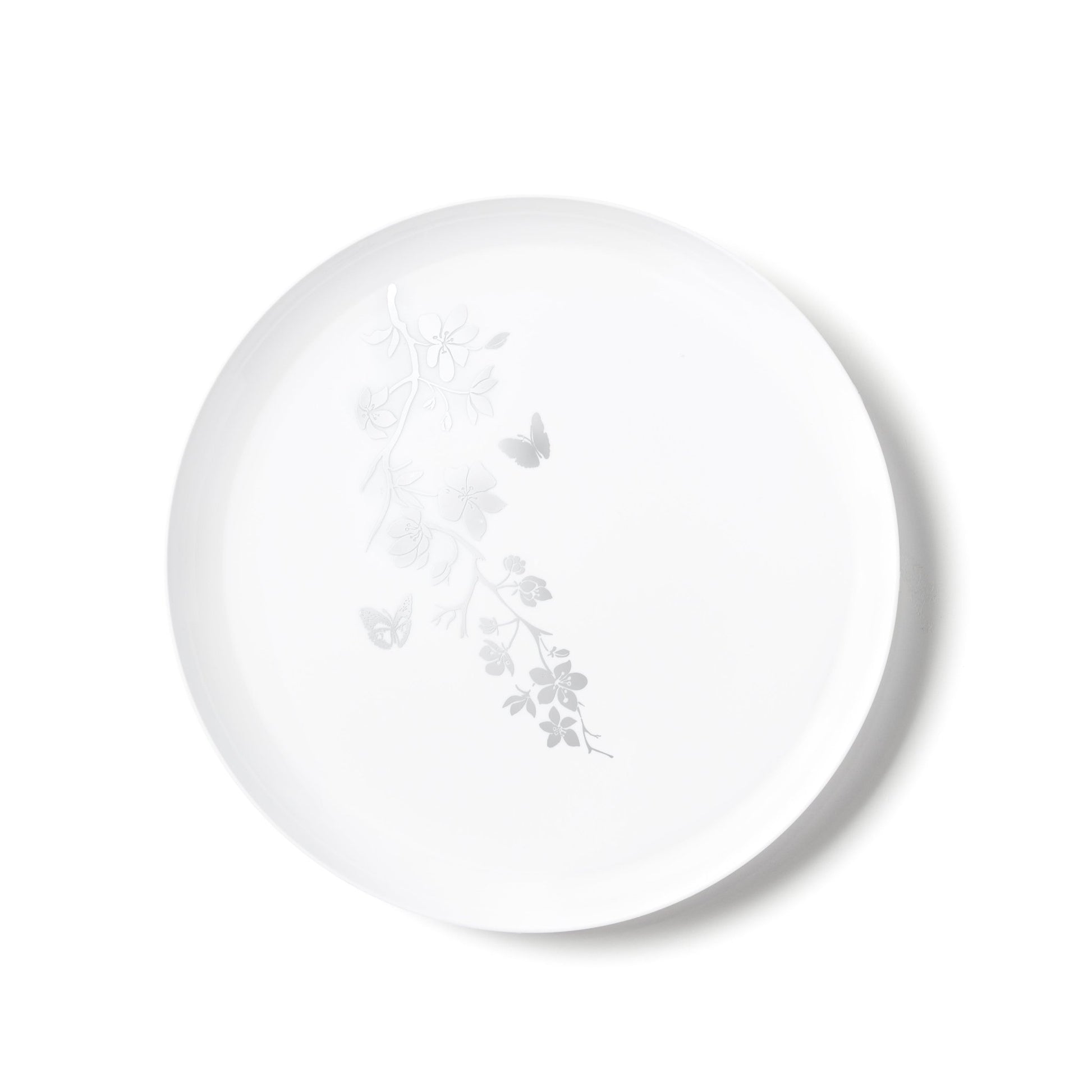 White and Silver Round Plastic Plates - Garden Edge Plate Pro Linens