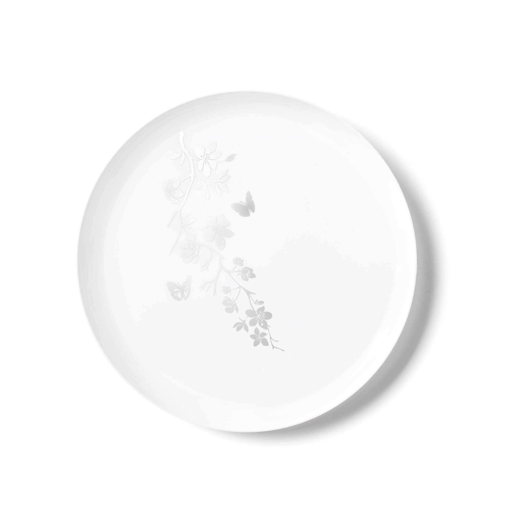 White and Silver Round Plastic Plates - Garden Edge - Pro Linens