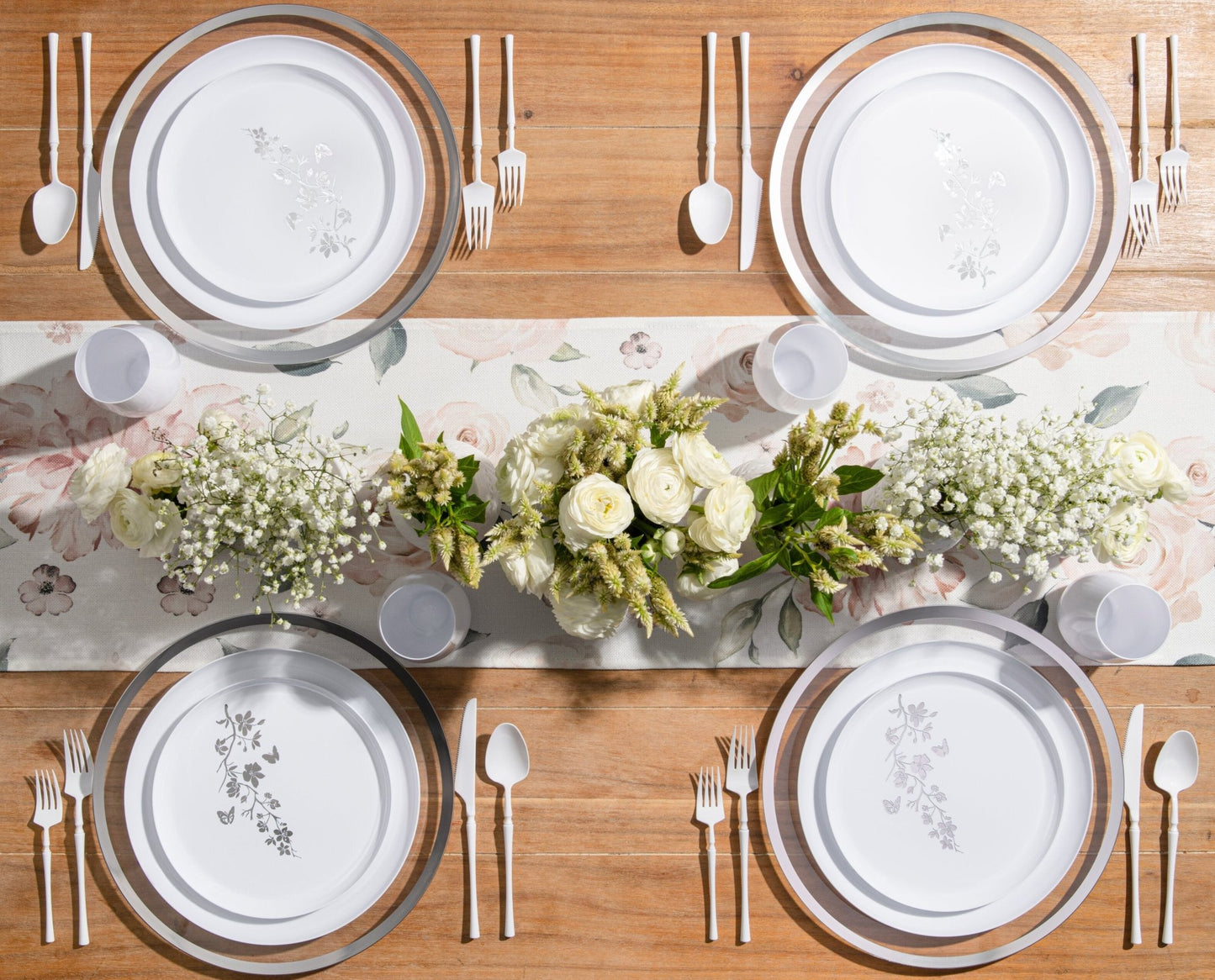 White and Silver Round Plastic Plates - Garden Edge Plate Pro Linens