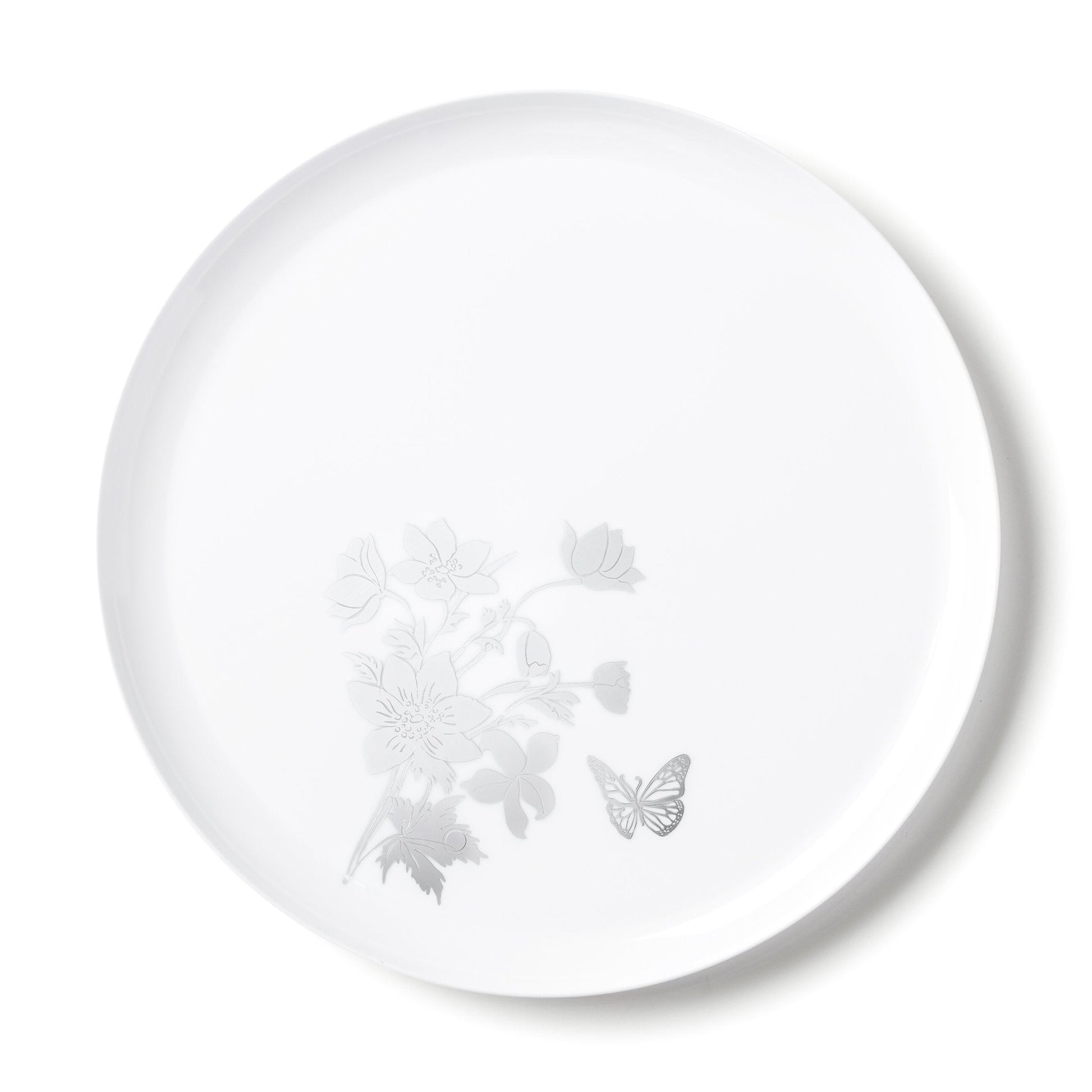 White and Silver Round Plastic Plates - Garden Edge Plate Pro Linens