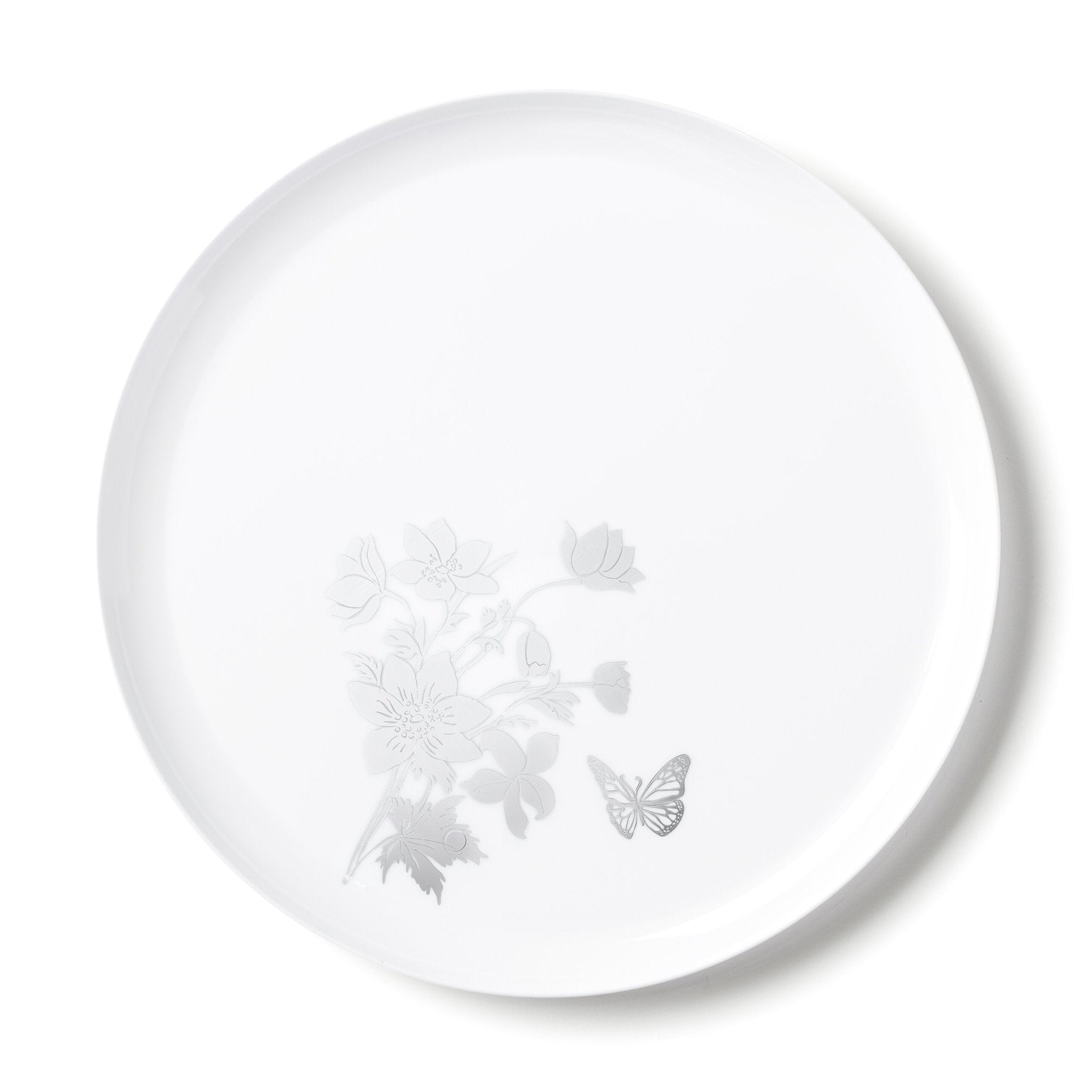 White and Silver Round Plastic Plates - Garden Edge - Pro Linens