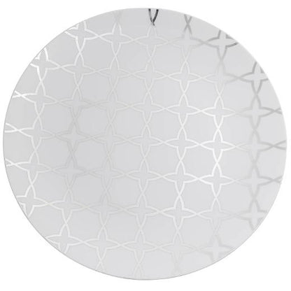 White and Silver Round Plastic Plates - Geo Plate Pro Linens