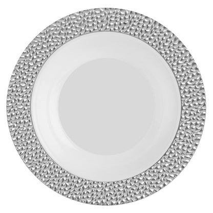 White and Silver Round Plastic Plates - Hammered Plate Pro Linens