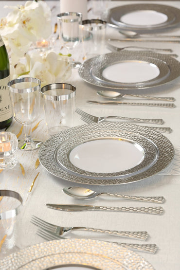 White and Silver Round Plastic Plates - Hammered - Pro Linens